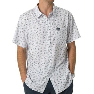 BURLEBO Men sz M Button Up Shirt White w/ Blue Texas Print Stretch Short Sleeve